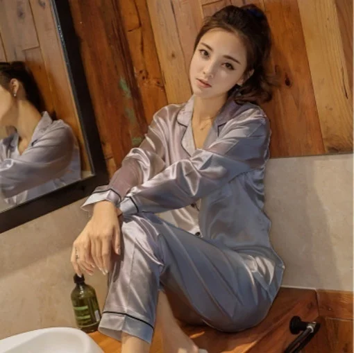 

Ladies Silk Satin Loose Pajamas PJS Set Sleepwear Long Sleeve Nightwear Lounge Home Wear Black White Pink Grey Green 802-336