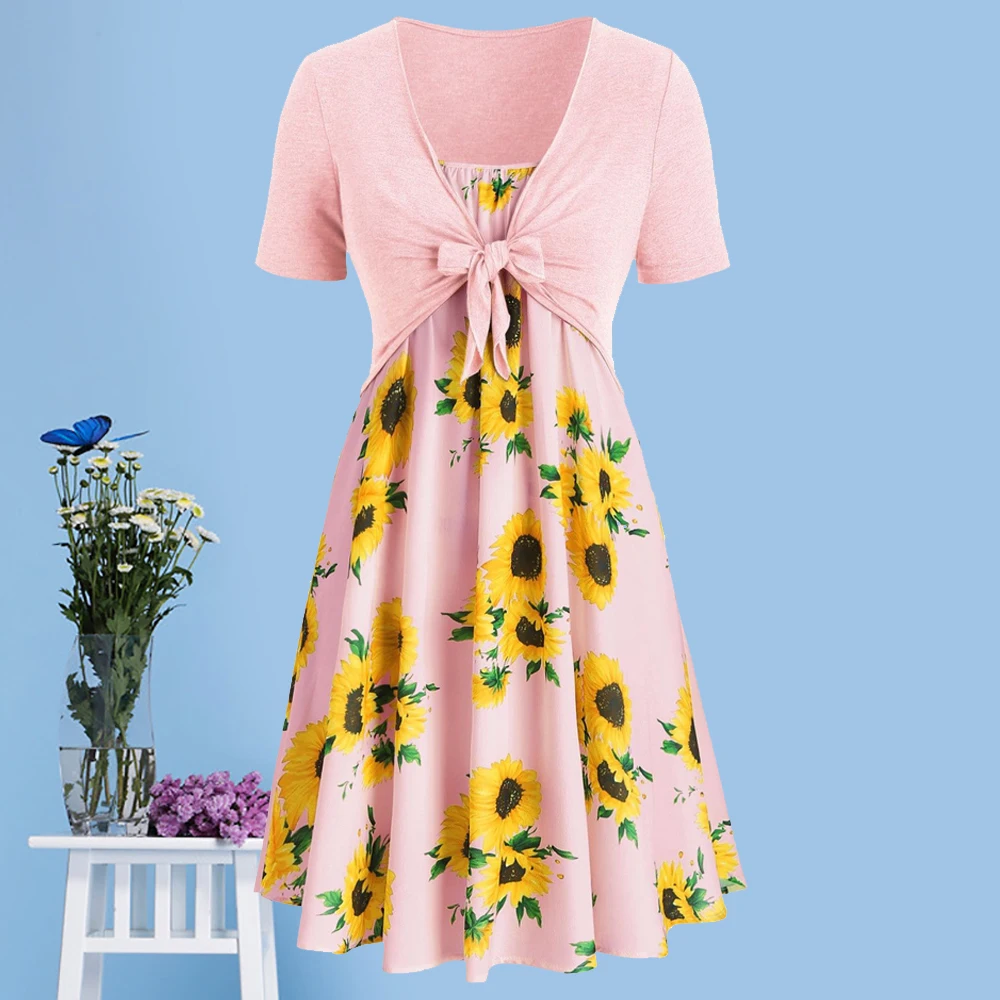 Платье мини с коротким рукавом и принтом подсолнухов|Женские платья| |