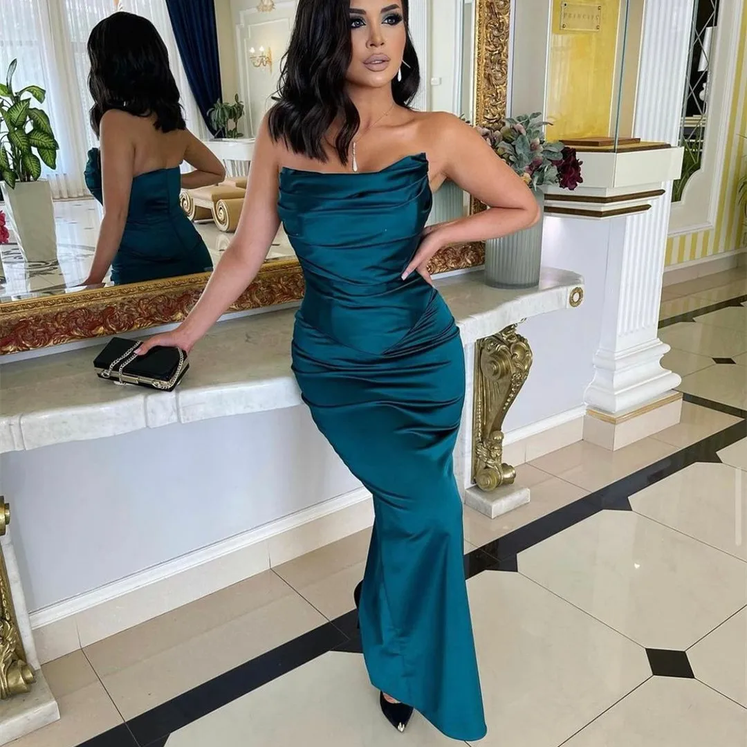 

Платье женское вечернее длинное атласное без бретелек, облегающий корсет без рукавов, с юбкой-годе, в мусульманском стиле, с плиссировкой на спине