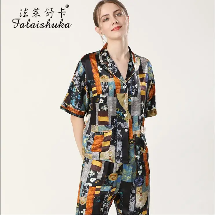 Women 100% Silk Pajamas Sets 2021 New Spring Short Sleeve Long Pants Three Piece Set Lady Homewear Sleepwear