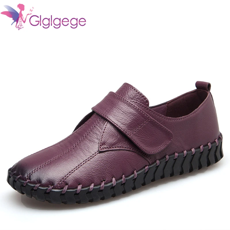 

2018 Fashion Soft Leather Round head Women Casual Flats Ladies Side loop fasteners Flat Oxford Shoes New Mother single Shoes
