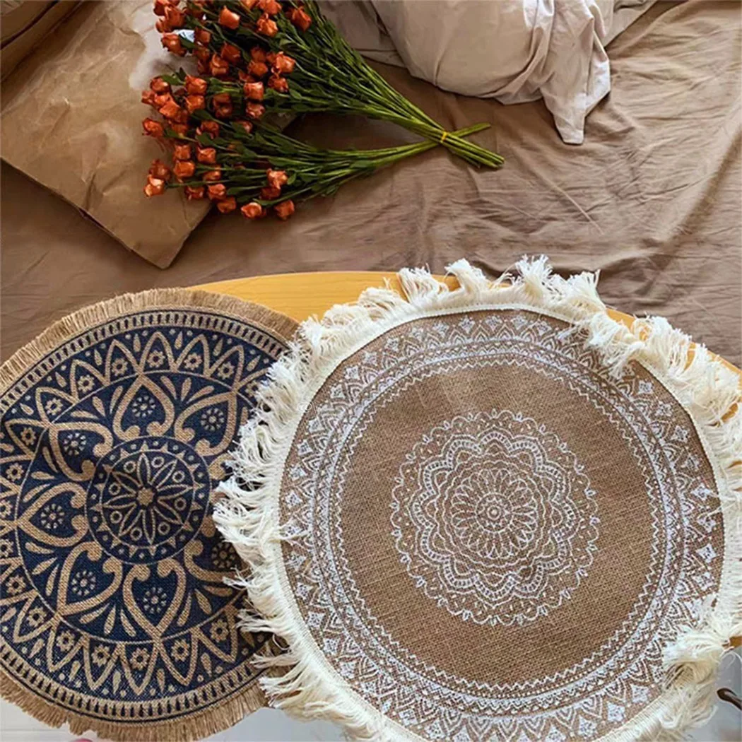 

37CM In Diameter Cotton And Linen Nordic Shooting Props Geometric Simple Placemat, Woven Tassel Side Table Mat