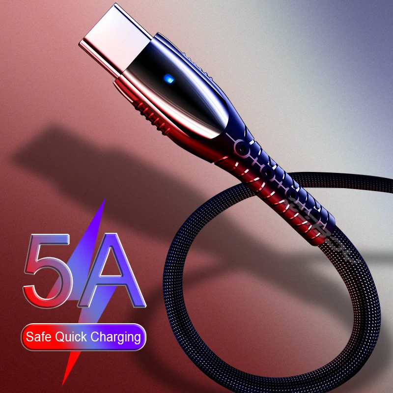 

5A Supercharge USB Type C Cable for Huawei Mate 30 Pro P30 Samsung USB C Quick Charge 4.0 3.0 Fast Charging Cable LED USB-C Wire