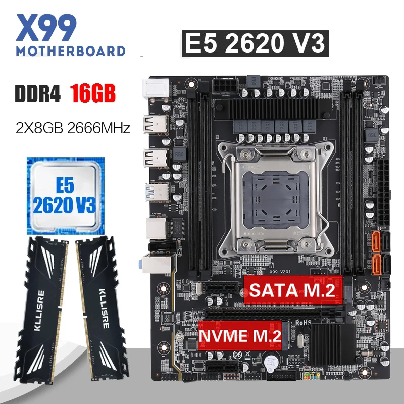 Комплект материнской платы Kllisre X99 LGA 2011 3 процессор Xeon E5 2620 V3 2 шт. X 8 ГБ = 16 2666 МГц