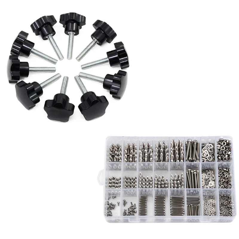 

1080PCS M2/M3/M4 Stainless Steel Hex Socket Bolt And Nuts Set & 10 Pcs M8 X 40Mm X 32Mm Star Hand Knob Tightening Screw