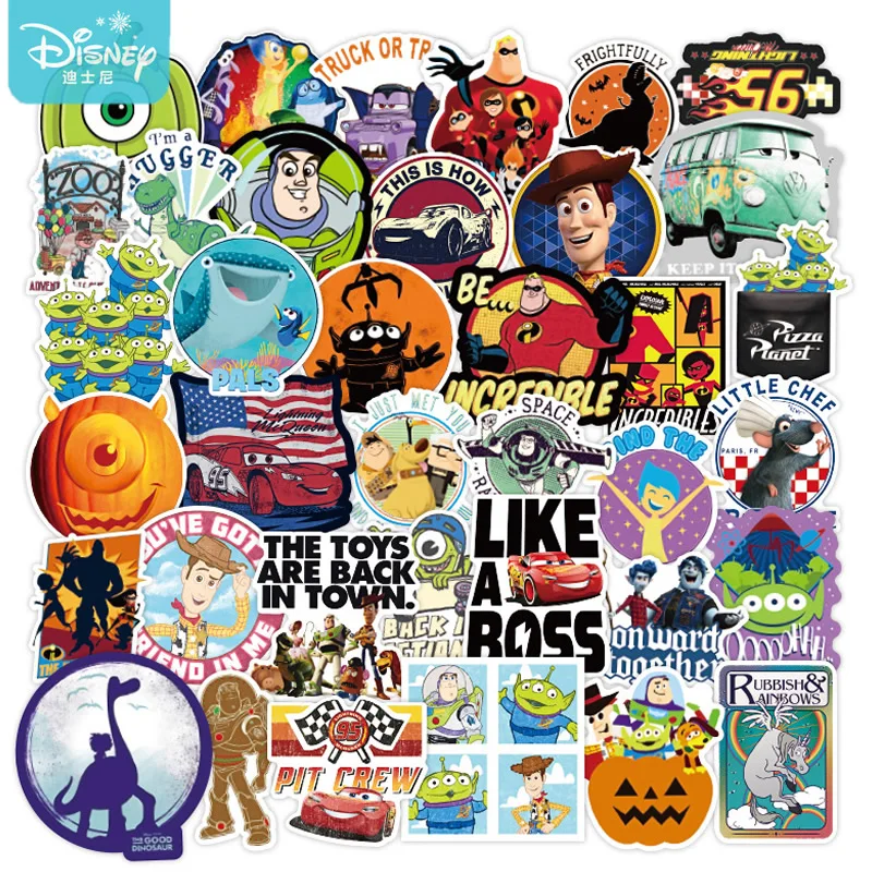 Juguetes de dibujos animados de Disney para ni&ntilde;os, 10/30/50 Uds., para patinador, guitarra, port&aacute;til, equipaje, coche divertido Pixar, impermeables, regalos para ni&ntilde;os-0