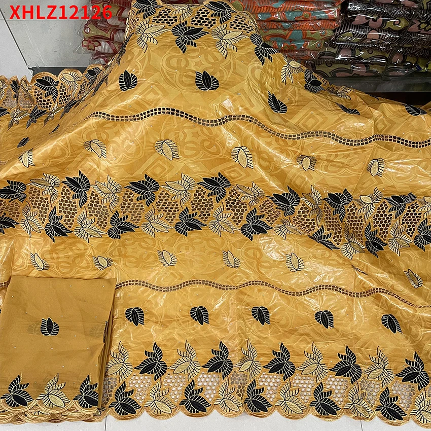 

Flower Style African Nigerian Breathable Lace Textiles High Quality ​​Bazin ​Brocade fabric 5+2 Yards/Lot XHLZ12126 B