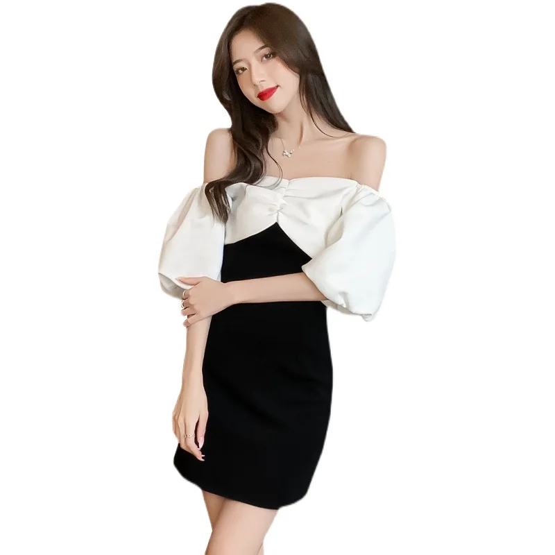 

COIGARSAM Sexy Women dress New Summer Slash neck Lantern Sleeve High Waist Dresses Black 6627