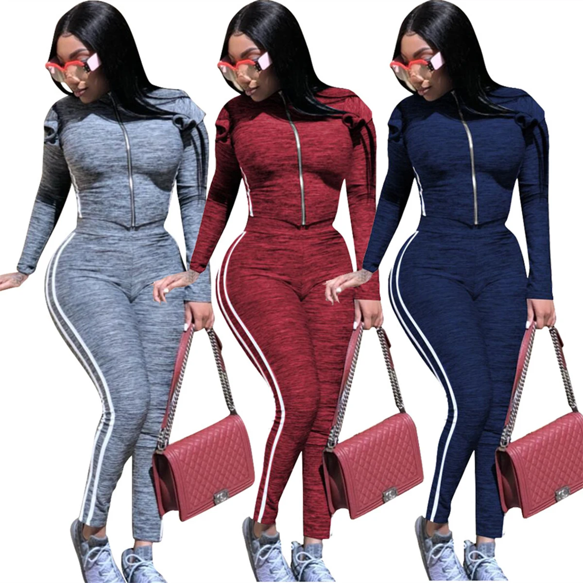 

Women Long Sleeve Hoodies+High Waist Trouser Suit Sportwear Outfits Set Two-piece Sports Leisure Set With Splicing Wood Ears