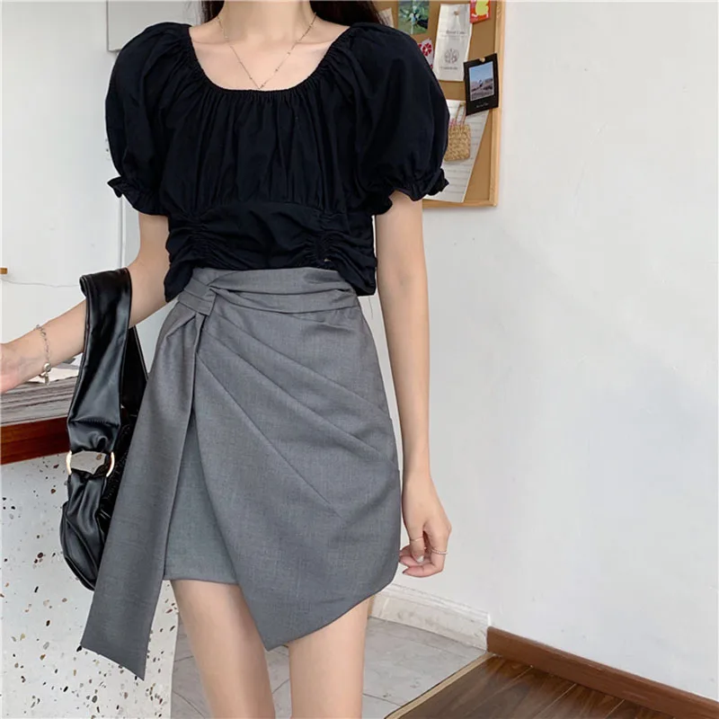 

Женская плиссированная юбка в клетку, черная или серая винтажная мини-юбка с завышенной талией и узлом, лето 2021