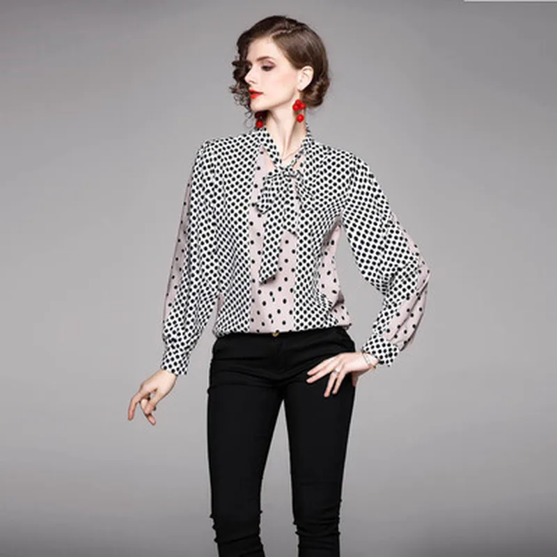 Женская винтажная блузка в горошек дизайнерская подиумная рубашка свободного
