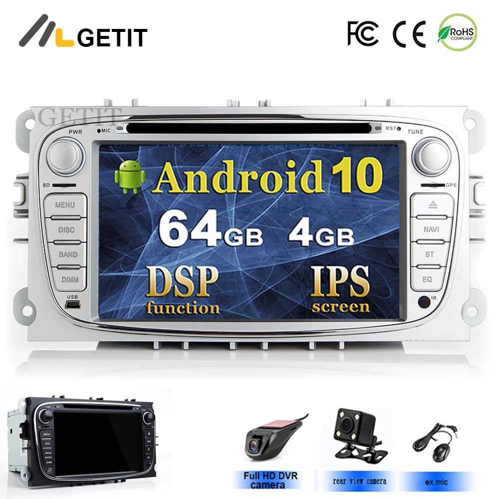 Автомобильный мультимедийный DVD-проигрыватель с IPS экраном Android 10 GPS для Ford Mondeo Focus