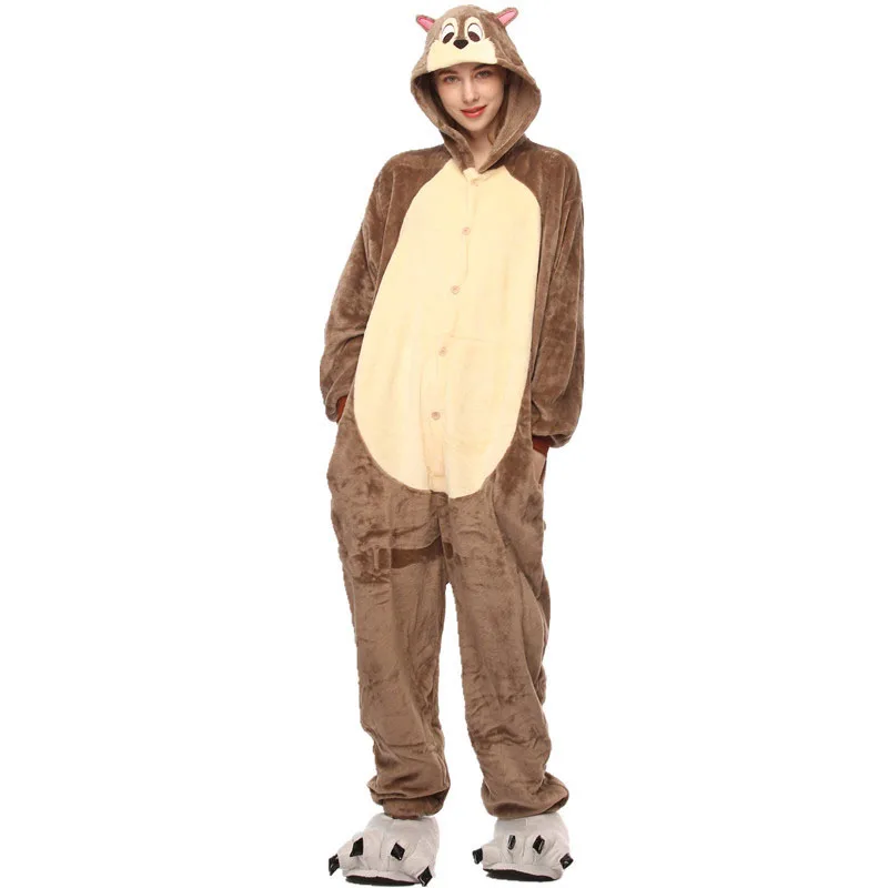 2019 Winter Women Kigurumi Onesie Squirrel Pajamas Sets Cute Flannel Animal Pajama Nightie Warm Hooded Sleepwear Costume