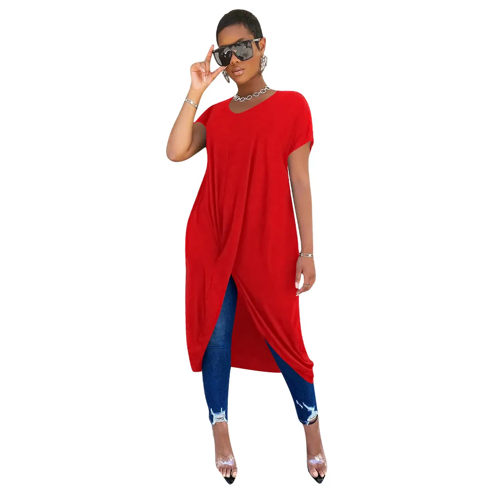 

Solid High Split Casual Irregular T-Shirt Women Fashion O Neck Short Sleeve Loose Tops Summer Front Short Back Long Tees Shirts