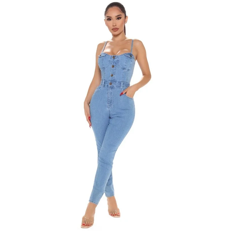 

Fashion Summer Rompers Denim Spaghetti Strap Button 2021 Women Sexy Jumpsuit New Indie Blue Plus Size Casual Outfits Jumpsuits