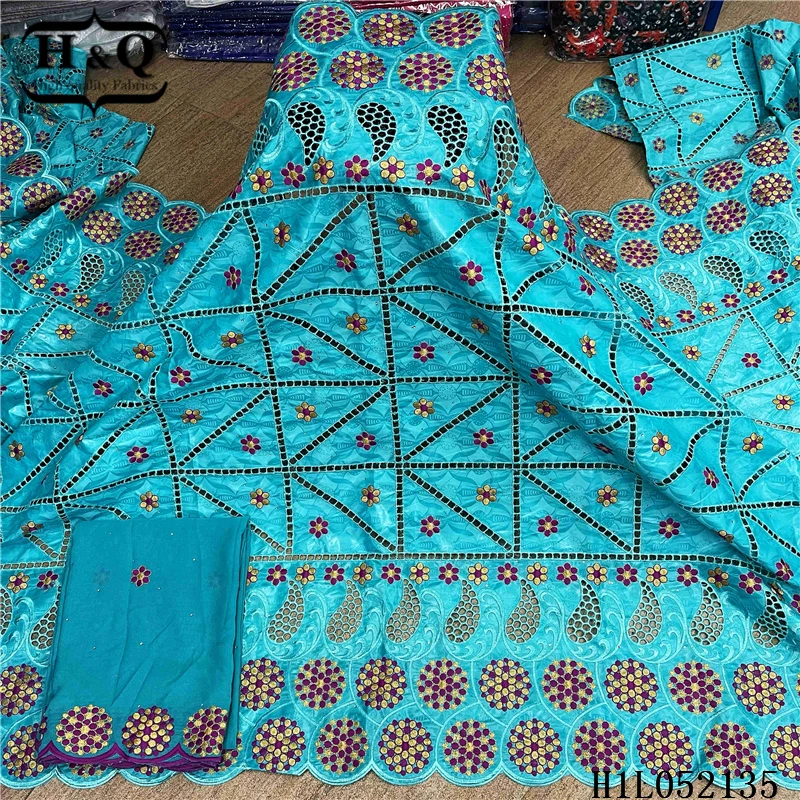 

H&Q 5 yards bazin dubai fabric +2 yards chiffon for sewing party dress embroidery with stones gole african fabric nigerian laces