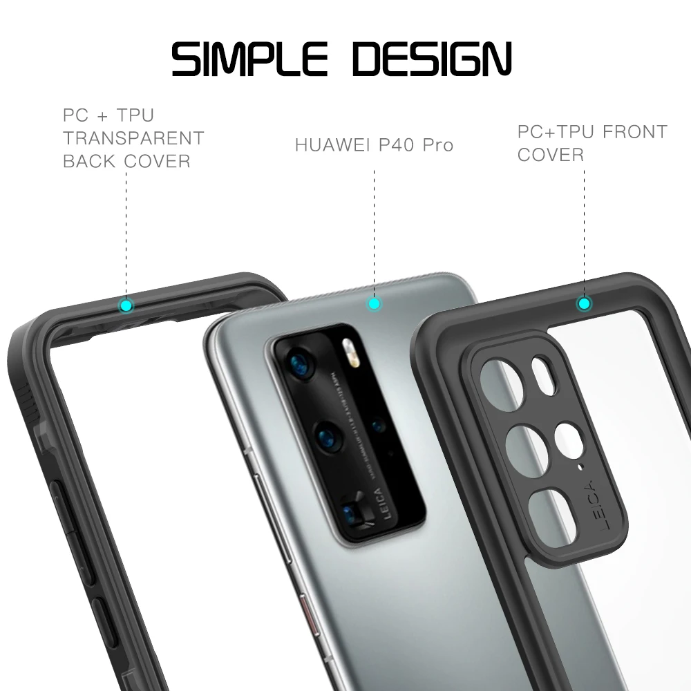 Прозрачный чехол для Huawei P40 Pro водонепроницаемый с защитой на 360 градусов из ТПУ и