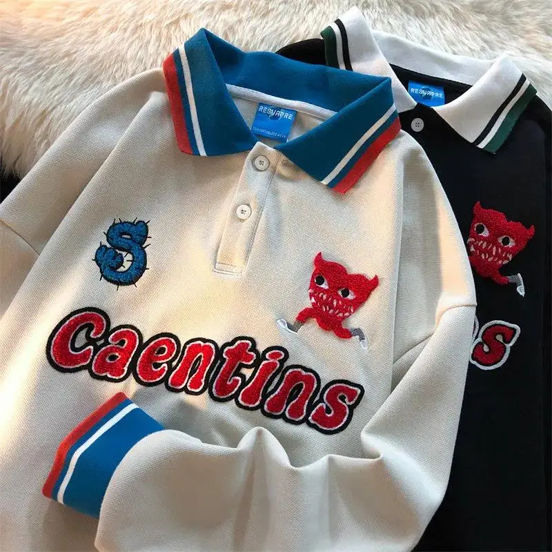 

Y2K винтажная шикарная рубашка-поло с вышивкой в виде букв, свитшот, женские зимние топы для подростков, кавайная одежда в стиле Харадзюку, мо...