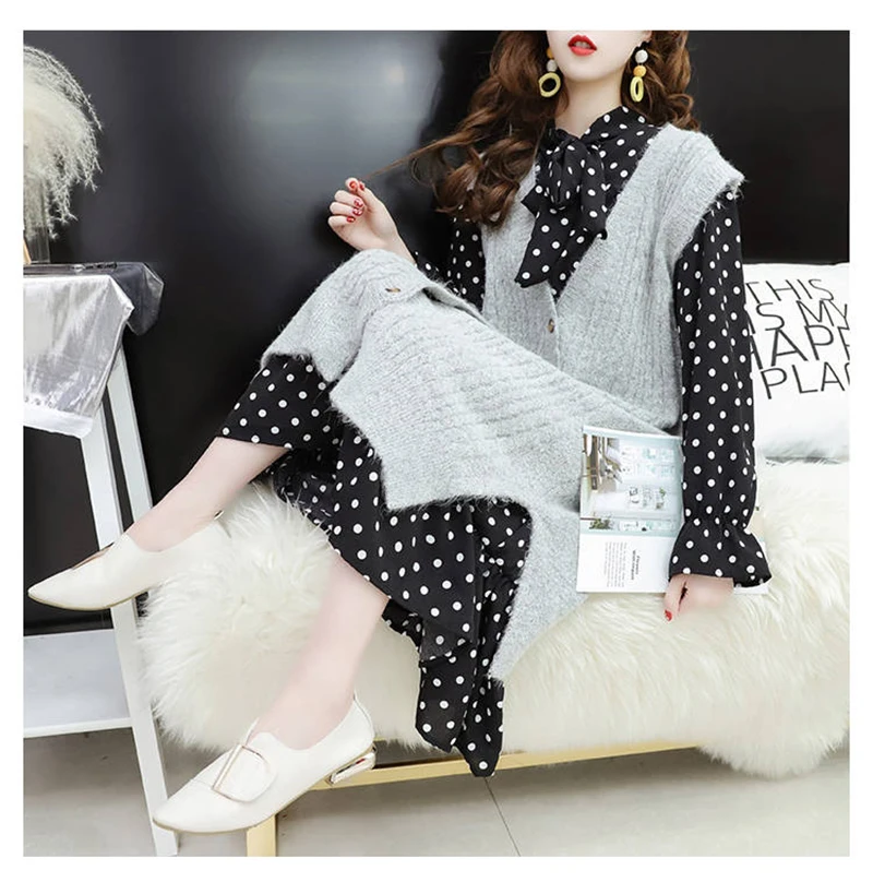 

2020 весеннее Новое групповое платье, Женский Свободный Повседневный весенний свитер, жилет с длинным рукавом, платье с вышивкой в горошек, пл...