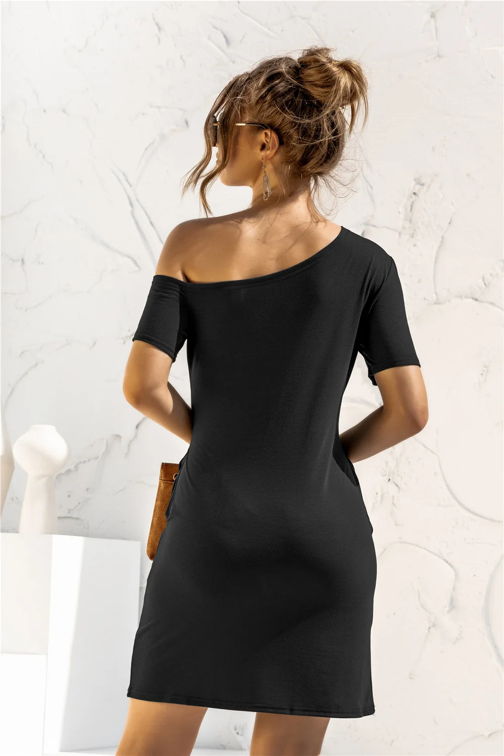 

Spring and Summer New Strapless Ladies Dress Solid Color Retro Dress Loose Short Sleeve Strapless Irregular Pocket Dress Vestido