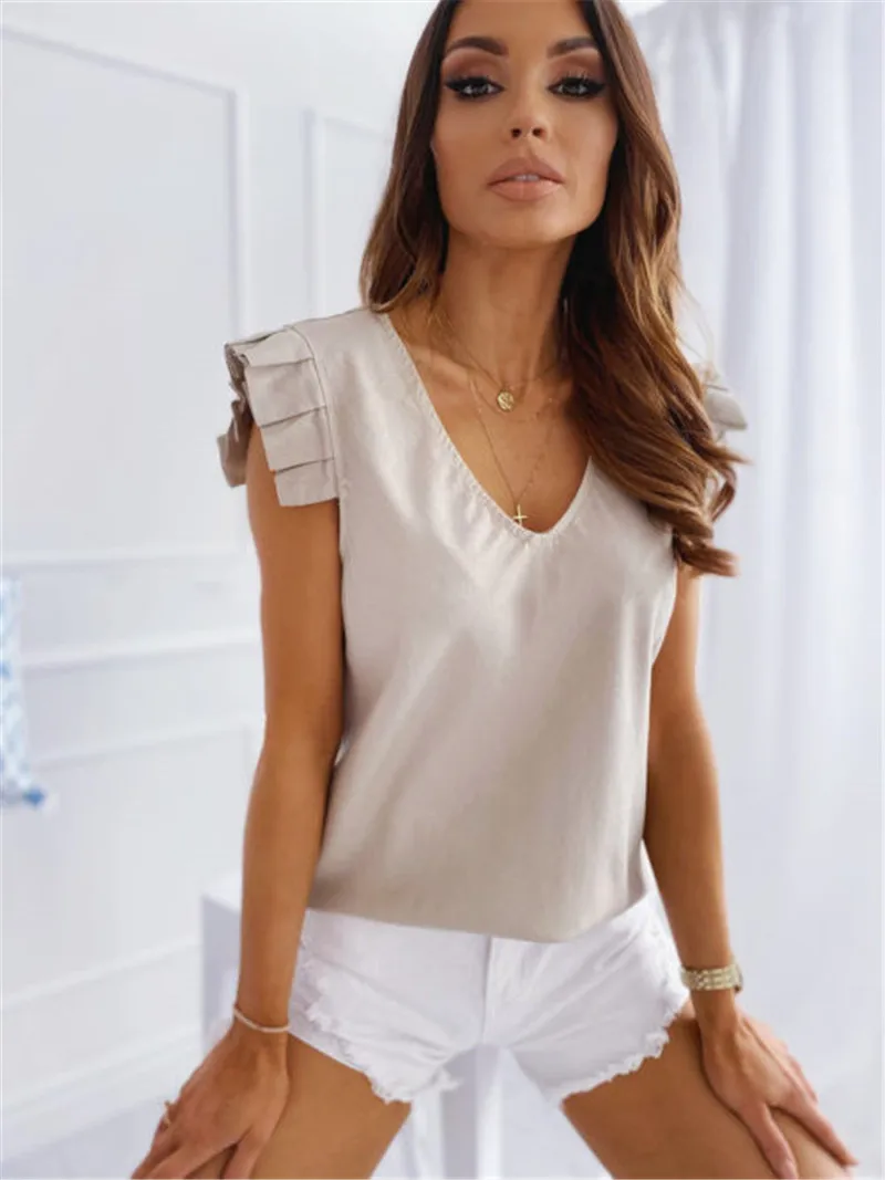 

Solid Summer Chiffon Tops Blusa Casual Ruffle Short Sleeve street Shirts Women O Neck Blouse Shirt Pullover