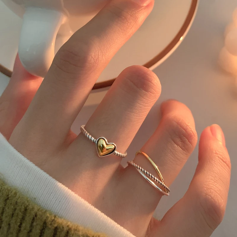 

Vintage Golden Love Heart Engraved Simple Twist Thin 925 Sterling Silver Adjustable Rings For Women Minimalist Delicate Jewelry