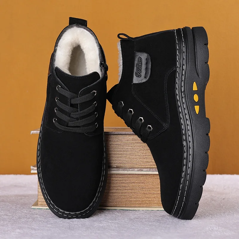 

Зимняя обувь из хлопка, мужские зимние ботинки, Теплые ботильоны, Модные Повседневные Плюшевые кроссовки на платформе, нескользящая теплая шерстяная мужская обувь