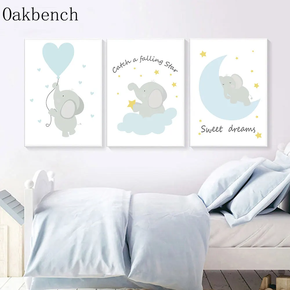 Скандинавский плакат синяя картина слона на холсте детская настенная
