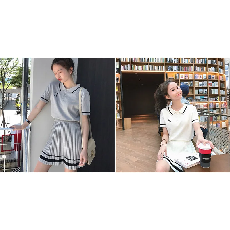 

2019 Women Preppy Style Letter Short Sleeve Sets Fashion Casual Lapel Top Pleated Skirt 2Pcs Suit