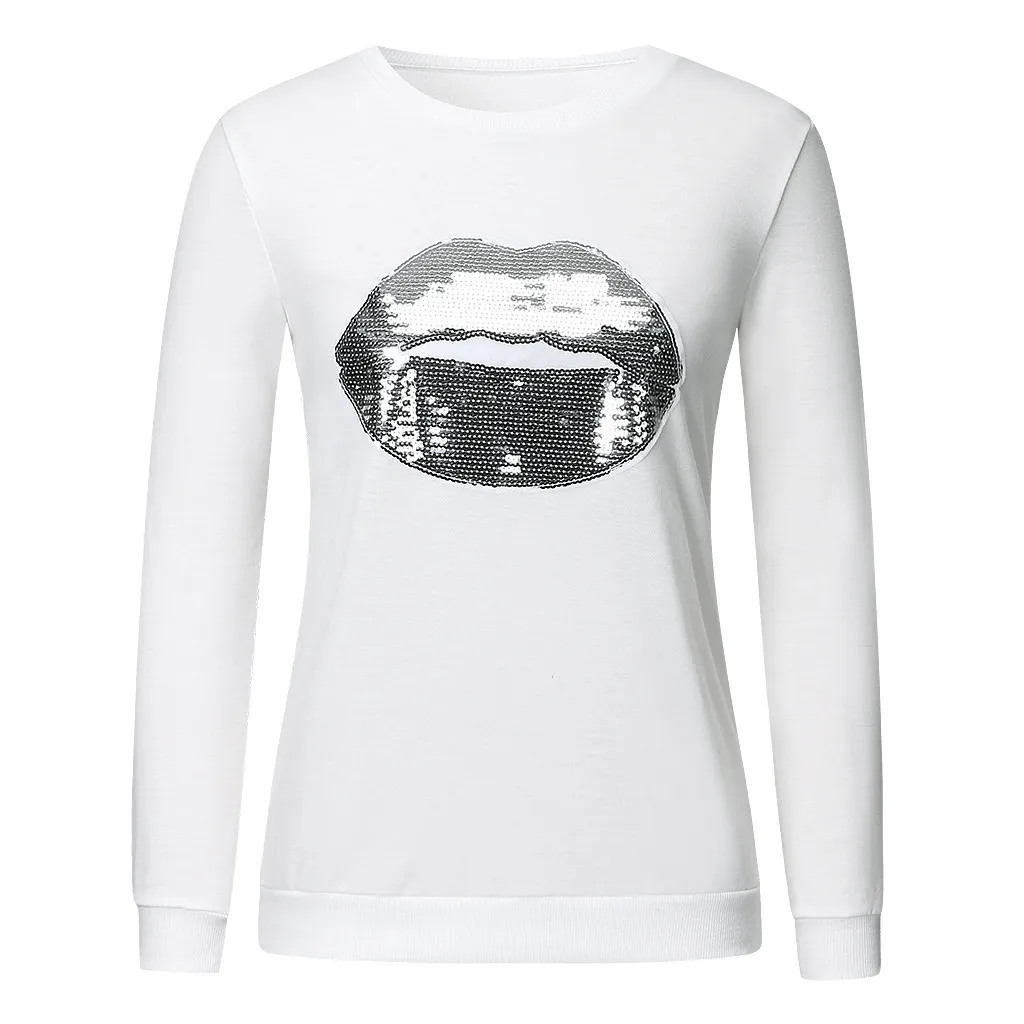 Женская толстовка с блестками белый пуловер принтом блестящих губ свободный