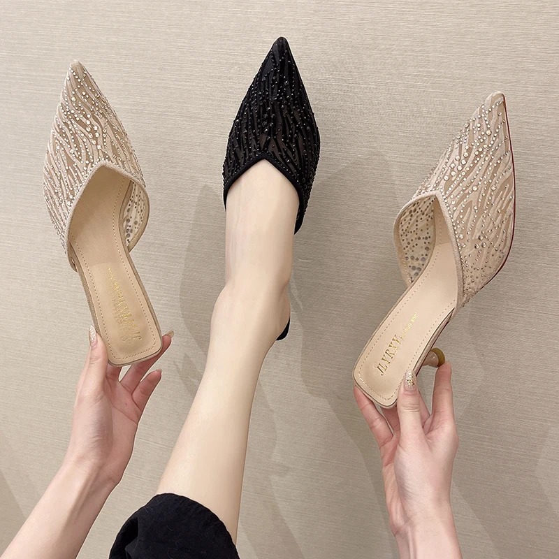 

Cover Toe Female Shoes Mules For Women 2021 Med Thin Heels Slippers Summer Slides Fashion New Pointed High Luxury PU Rubber