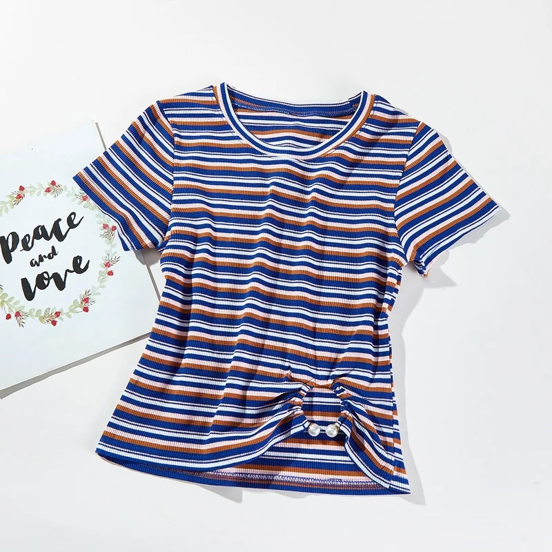 

2021 New Summer Color Striped Tops with Belly Button Round Tie T-shirt Knitted High Collar Bottoming Short-sleeved Slim Fit