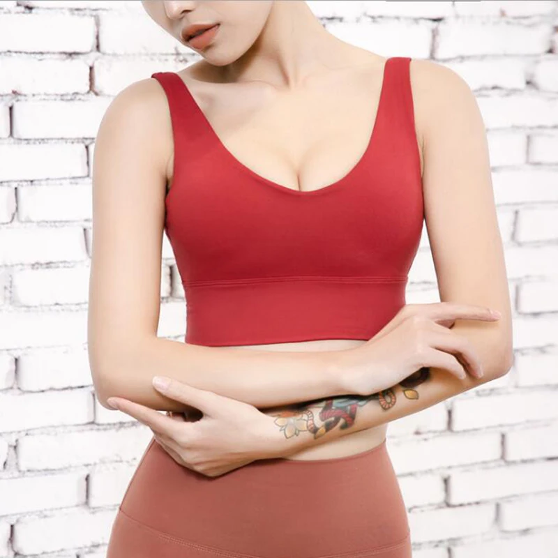 

Sexy Back Deep V Yoga Bra 2021 Women Solid Fitness Crop Top Gym Running Push Up Sports Vest Underwear Workout Sportswear Tanks