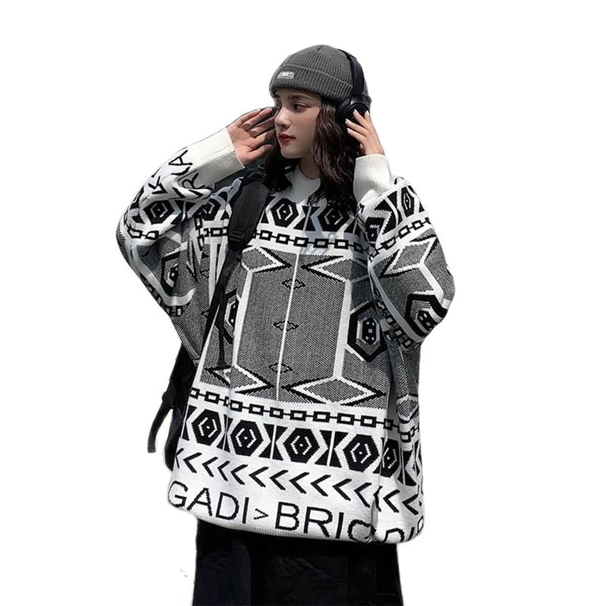 

Couple's Sweater Women's Print Stripe Loose Pullover Jumper Winter Medium Long Korean Fashion Knitted Jacket Top Men's 2021ST060