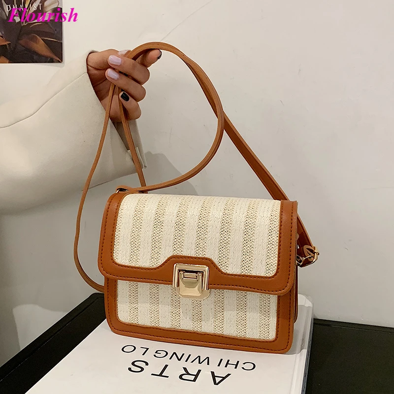 

Fashion Straw Weave Patchwork leather Shoulder Bag Summer Crossbody Bags for Women Bolsos De Playa Designer Handbags Sac A Main