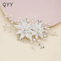 qyy newest white pearls flower wedding hair comb bridal handmade rhinestone hair accessories jewelry princess headpieces clip