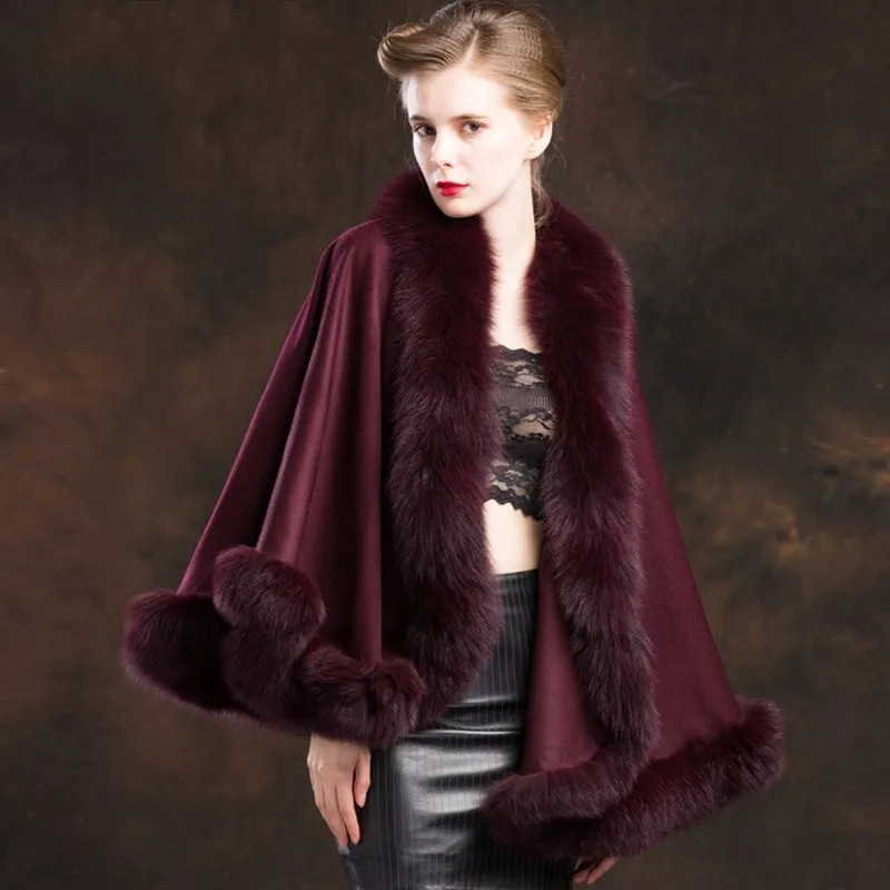 

2020 New Women Fox Fur Collar Cashmere Cloak Outerwear Natural Wool Wraps Cape Lady Elegant Luxury Party Wedding Shawl Jacket