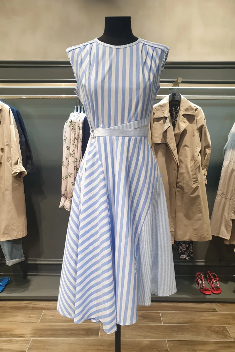 

2021 Summer New Irregular Holiday Maxi Dress Women Sleeveless Slim Striped Dress Female Plus Size Dress for Vacation