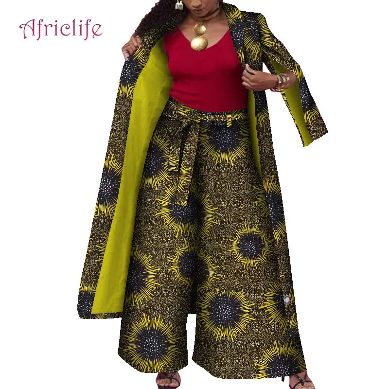 African Dresses for Women Pant Suit 2021 Long Coat and Wide Pant with Belt Fall Winter Warm Clothes Print Suits Clothing WY8479