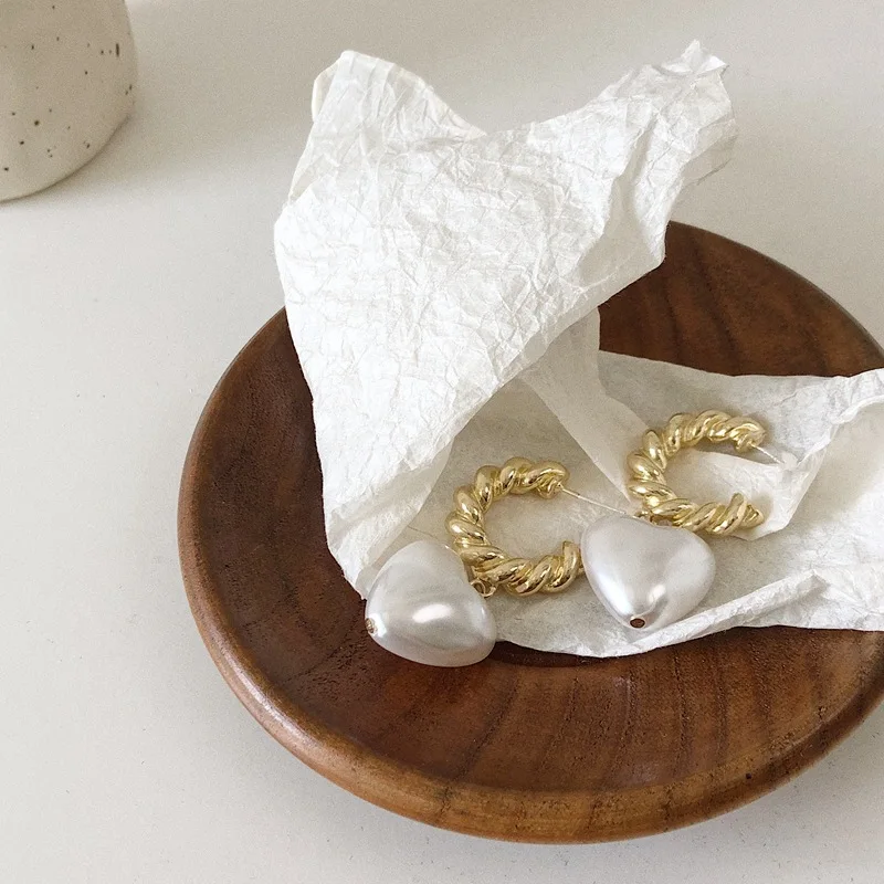 TARCLIY Fashion Geometric C Shape Metal Twisted Chain Imitation Pearl Heart Earrings Minimalist Sweet Women Party Gifts Jewelry | Украшения