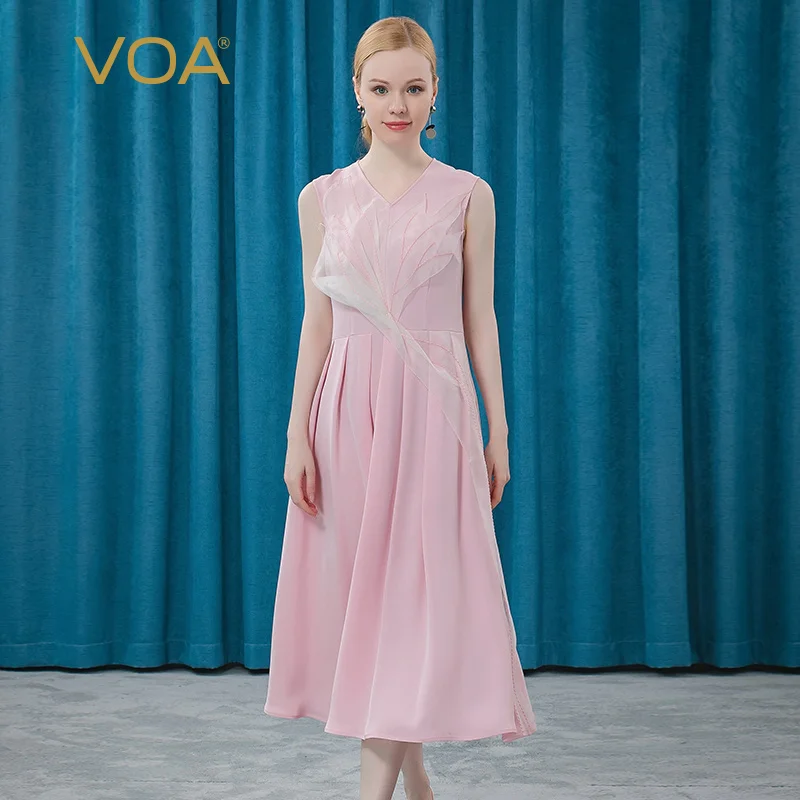 

VOA Pink heavy silk 30m/m collar sleeveless sebum powder Ogan yarn three-dimensional decorative arch needle pleated dress AE382