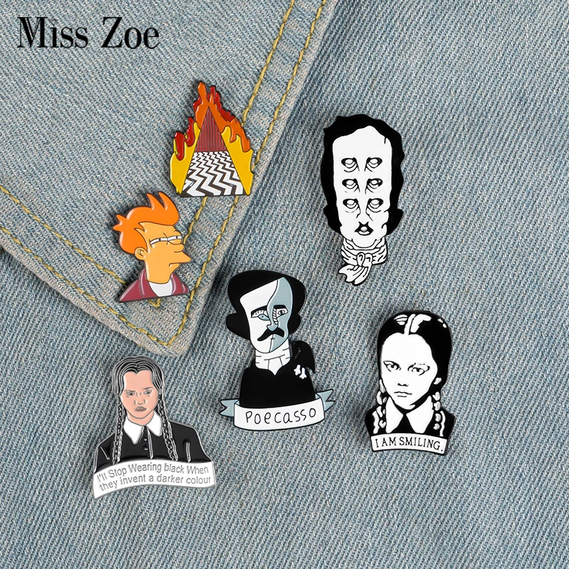 Movie Role Enamel Pin Brooch Writer Edgar Allan Poe Wednesday Fry Badges Clothes Lapel pin cap bag Creative Fun Jewelry