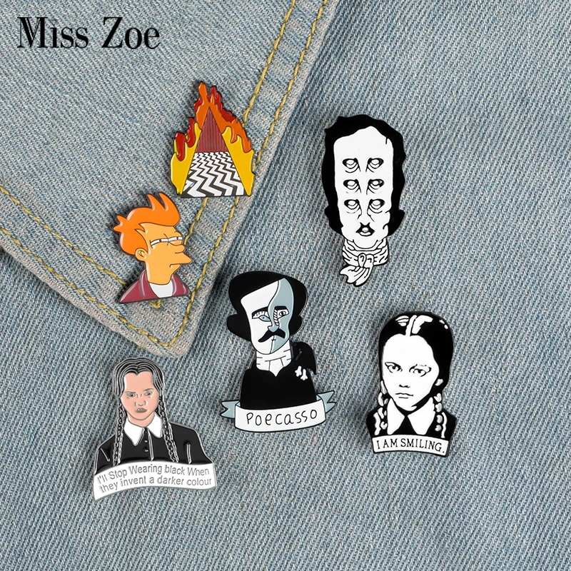  Movie Role Enamel Pin Brooch Writer Edgar Allan Poe Wednesday Fry Badges Clothes Lapel pin cap bag Creative Fun Jewelry