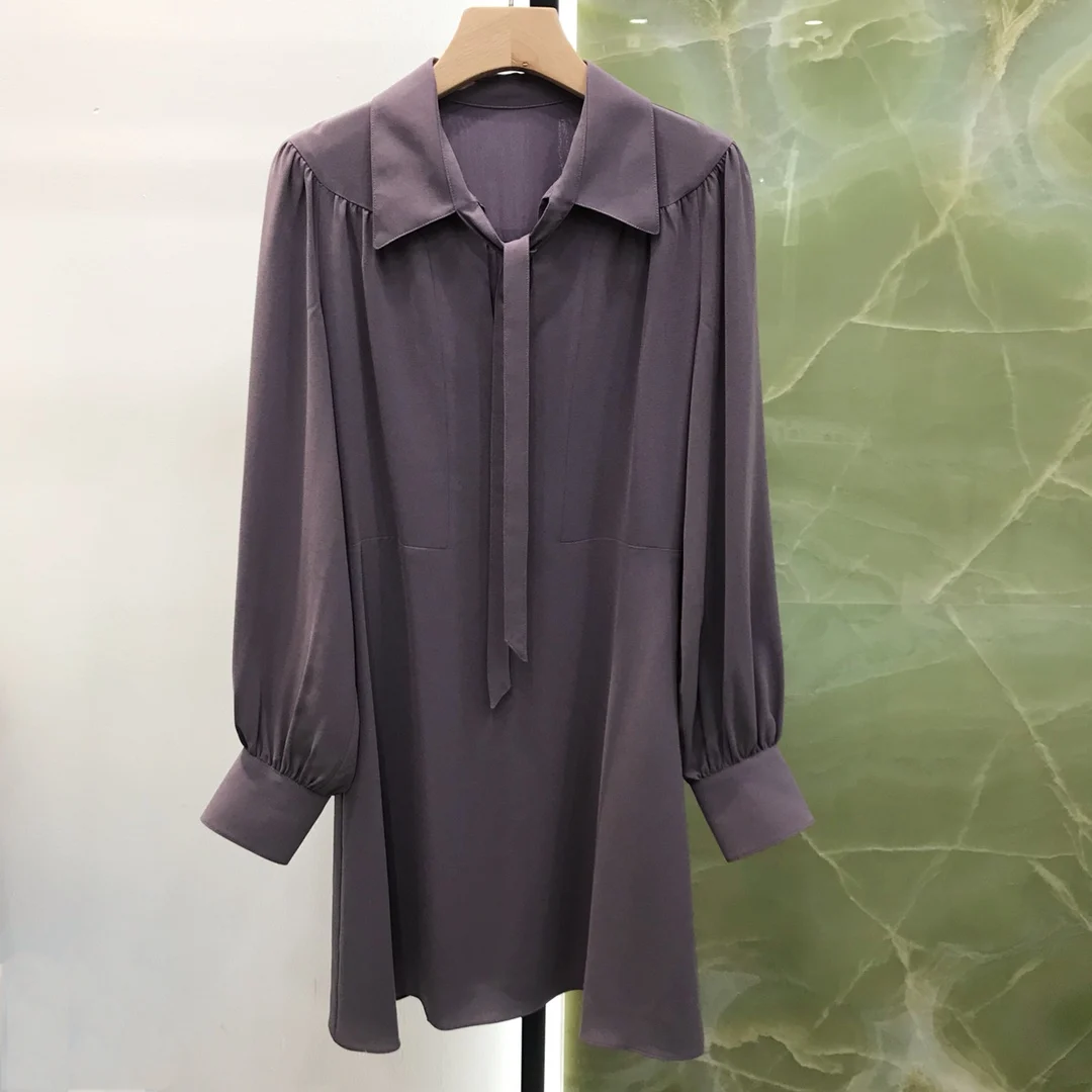 

fashion 2021 new ladies long sleeve lapel neckline bow tie back pleated dress 0113