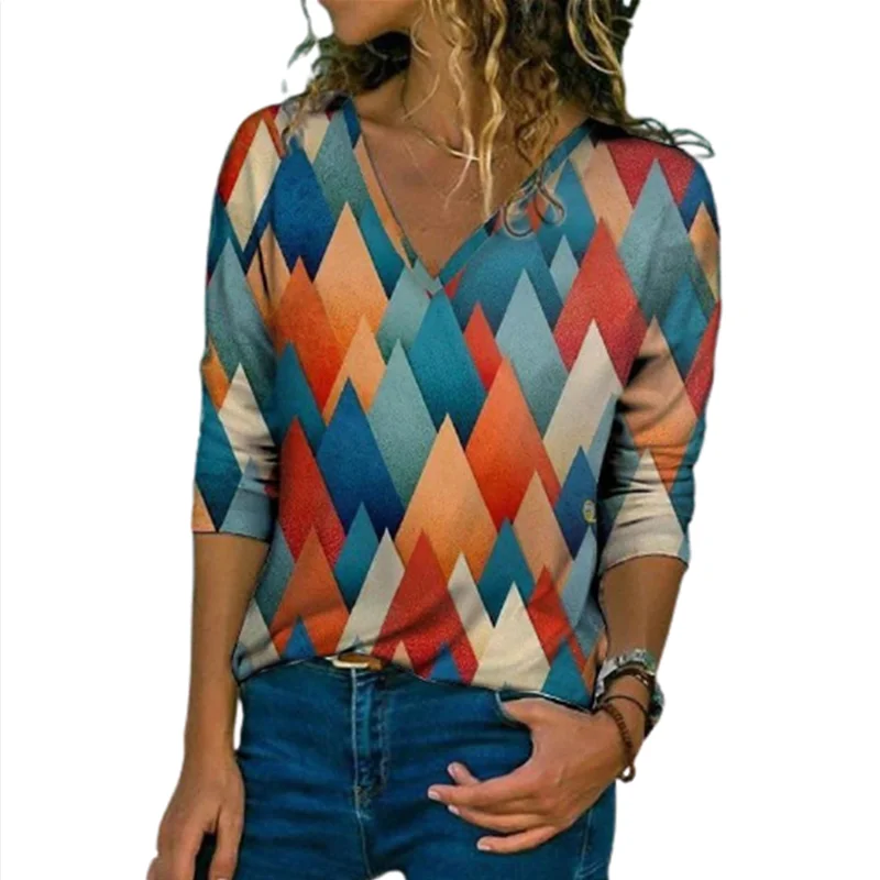 

New Spring 2021 Long-Sleeve Printed T-Shirt Casual Loose V-Neck Large Size T-Shirt Top Fashion Digital Printing Women's Pullover