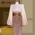 Женское вечернее платье, с высоким воротом, с рукавом-фонариком, украшенным бисером, кристаллами, для выпускного вечера, 2021