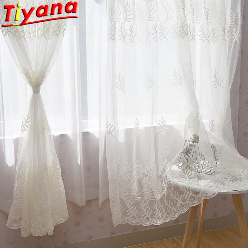

Simple White Leaves Embroidery Tulle Curtains for Living Room Leaf Translucent Gauze for Balcony Kitchen Home Decor X-HM667*VT