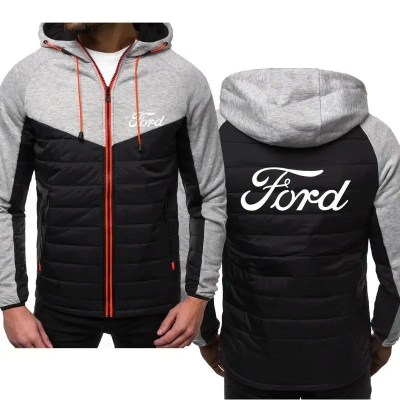 

New Fashion Ford Logo Hoody Spliced Jacket Men Spring Autumn Hoodies Casual Coat Hooded Fleece Sport Zipper Tops