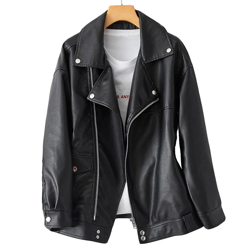 Fashion PU leather women's short 2021 slim loose motorcycle leather jacket Long Sleeve Jacket Women enlarge