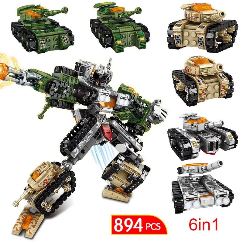 

894 шт. 6 в 1 Военная техническая деформированная модель робота, строительные блоки, стальные строительные блоки, строительные детали, игрушки...